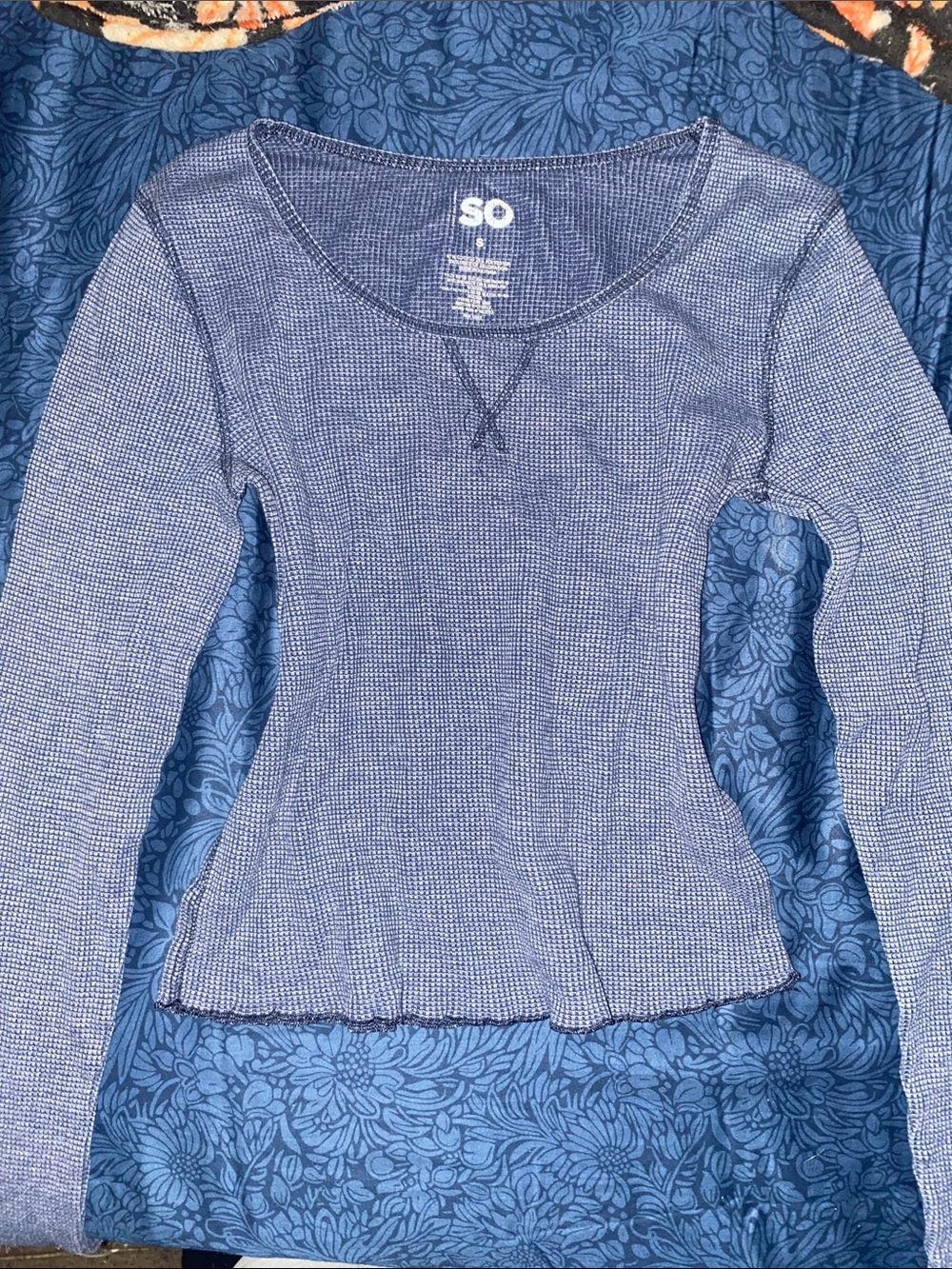 SO Long Sleeve Blue Waffle Knit Scoop Neck Top